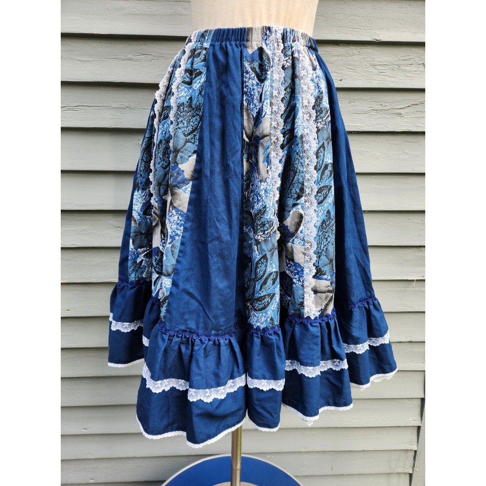 Vintage 70s Square Dance Polka Skirt Blue Floral Lace Ruffle USA Small